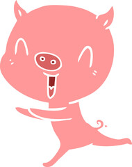 happy flat color style cartoon pig running