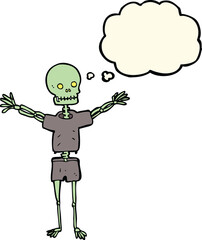 cartoon skeleton in clothes with thought bubble