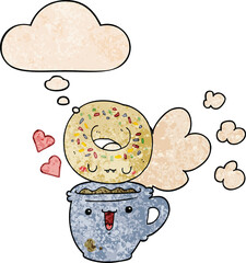 cute cartoon donut and coffee and thought bubble in grunge texture pattern style