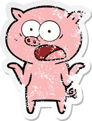 distressed sticker of a cartoon pig shouting
