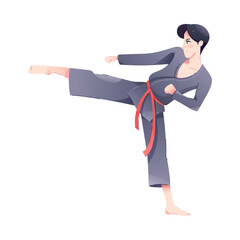 Man Character in Kimono Doing Karate Engaged in Sport Physical Activity Vector Illustration