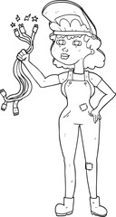 black and white cartoon electrician woman