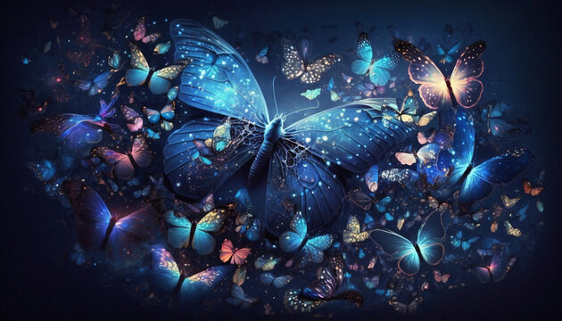 Ilustração de borboletas coloridas voando juntas em um mundo mágico - AI Generated