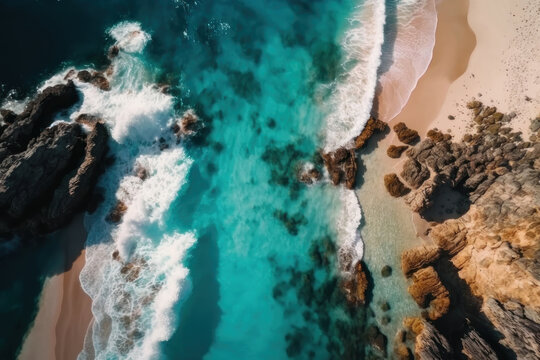 View of the beach and the sea from above. AI generative.