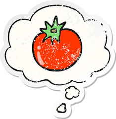 cartoon tomato and thought bubble as a distressed worn sticker