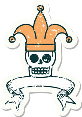 grunge sticker with banner of a skull jester