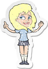 retro distressed sticker of a cartoon woman with idea