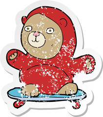 retro distressed sticker of a cartoon bear on skateboard