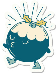 sticker of tattoo style christmas pudding character walking