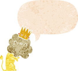 cartoon lion with crown and speech bubble in retro textured style