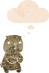 cartoon worried bear and thought bubble in retro textured style