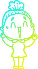 cold gradient line drawing cartoon happy old lady