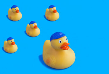 Yellow toy duckling for bathing on the blue background. Pattern. Flat lay.