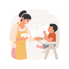 Post-meal clean up isolated cartoon vector illustration. Young mother cleaning after toddle having a lunch, family lifestyle, cleaning the kitchen, household duties vector cartoon.