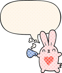cute cartoon rabbit and love heart and coffee cup and speech bubble in comic book style
