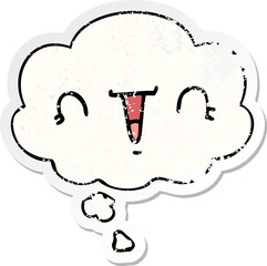 happy cartoon face and thought bubble as a distressed worn sticker