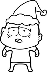 line drawing of a tired bald man wearing santa hat
