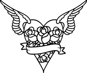 black line tattoo of a flying heart with flowers and banner