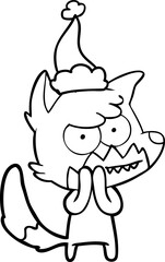 line drawing of a grinning fox wearing santa hat