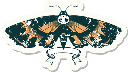 grunge sticker with banner of a deaths head moth