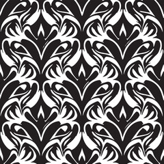 Elegant vintage damask wallpaper with ornate floral pattern and baroque elements in black and white, perfect for adding a touch of luxury and sophistication to any space.