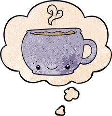 cartoon hot cup of coffee and thought bubble in grunge texture pattern style