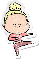 distressed sticker of a cartoon happy old woman