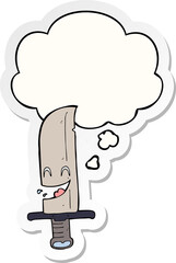 cartoon laughing knife and thought bubble as a printed sticker