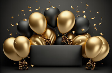 Holiday celebration background with Black Gold balloons, gifts and confetti. Happy holiday greeting card, party invite, banner, invitation or certificates with copy space. - obrazy, fototapety, plakaty