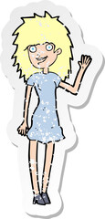 retro distressed sticker of a cartoon happy woman waving