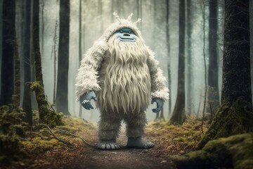 Funny Yeti walks in the woods. Also known as Sasquatch, Bigfoot  - obrazy, fototapety, plakaty