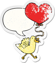 cartoon bird and heart balloon and speech bubble distressed sticker