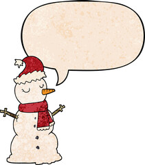 cartoon snowman and speech bubble in retro texture style