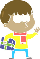flat color style cartoon curious boy carrying a gift