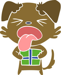 flat color style cartoon dog with christmas present