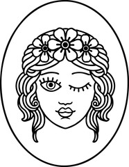 black line tattoo of a maiden with crown of flowers winking