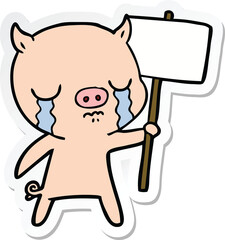 sticker of a cartoon crying pig with sign post
