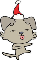 line drawing of a dog dancing wearing santa hat