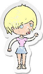 retro distressed sticker of a cartoon waving woman