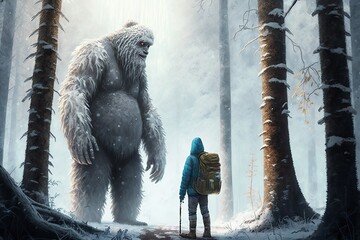 Hiker tourist met a funny Yeti in the winter snowy forest