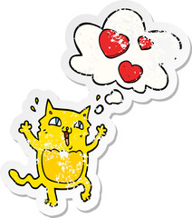 cartoon cat crazy in love and thought bubble as a distressed worn sticker