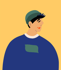 Asian teen in a hat. Profile portrait of male cartoon character. Flat vector illustration isolated on yellow backgroun.