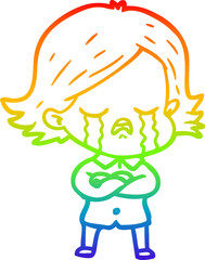 rainbow gradient line drawing cartoon girl crying