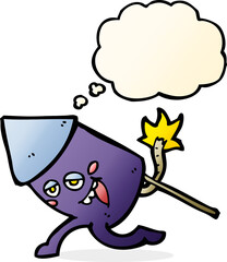 cartoon funny firework character with thought bubble