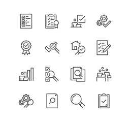 Set of inspection related icons, check, testing, examination and linear variety vectors.