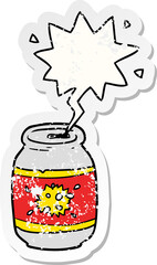 cartoon can of soda and speech bubble distressed sticker