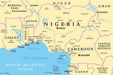 Nigeria and West Africa countries on the Gulf of Guinea, political map. Ghana, Togo, Benin, Nigeria, Cameroon, Equatorial Guinea, and Sao Tome And Principe, with borders, capitals and largest cities. - obrazy, fototapety, plakaty