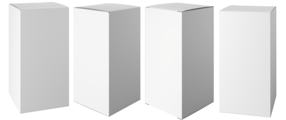 A set of rotated mockup carton packages for products isolated on transparent background. Blank white carton.