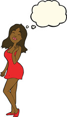 cartoon pretty woman in cocktail dress with thought bubble