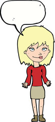 cartoon woman shrugging shoulders with speech bubble